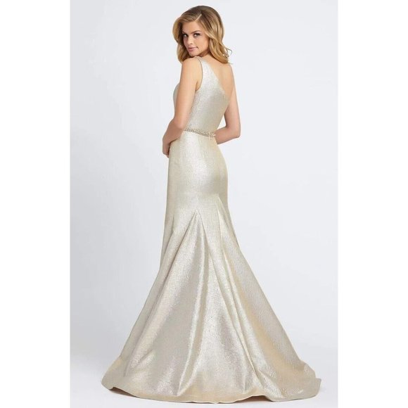 MAC DUGGAL Women's One Shoulder Metallic Ruffled Evening Gown Oyster 0 - Picture 2 of 9